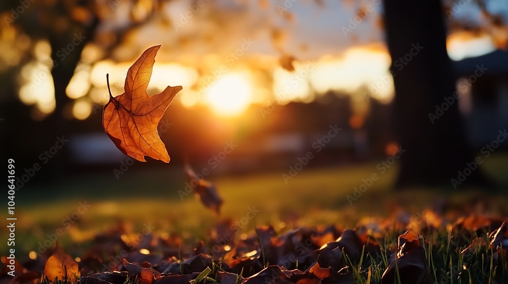 Poster a single brown leaf falls through the air, backlit by the setting sun. the leaf is in focus while th