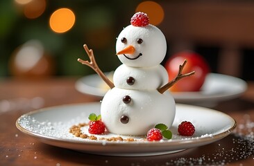 Happy funny marshmallow snowman on a plate with rasberry. Merry Christmas card. Christmas concept.