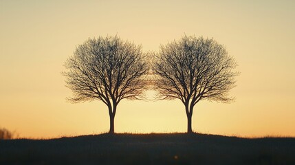 Fototapeta premium A tranquil scene featuring two trees beside each other, their branches gently weaving together in the warm light of dusk, representing enduring bond, soft hues, organic textures, harmonious layout.