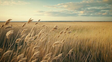 Obraz premium A vast open field with tall grasses swaying in the wind, reflecting the peaceful connection and affection within nature, soft natural lighting, delicate grass details, expansive horizon