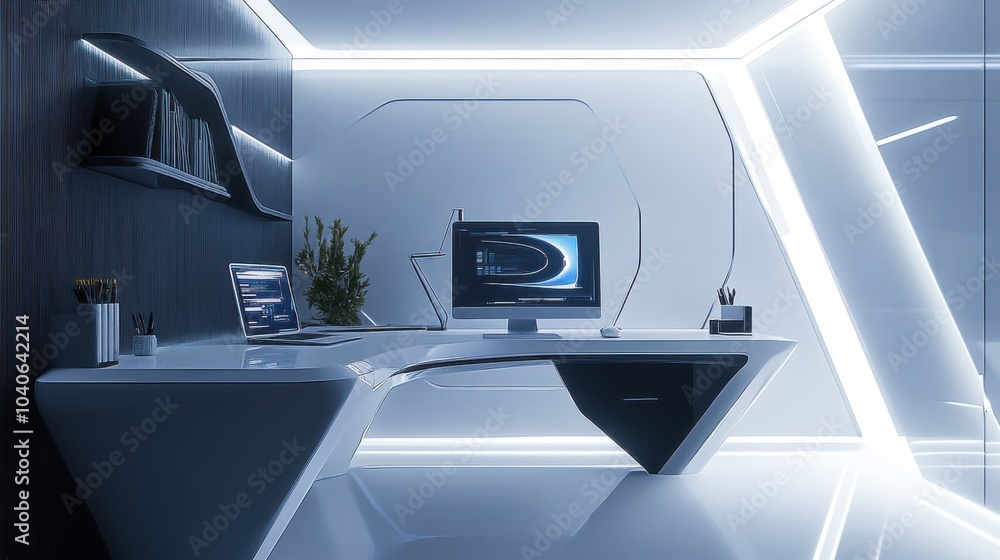 Poster a sleek home office with a high-tech virtual reality setup, a floating desk, and clean lines