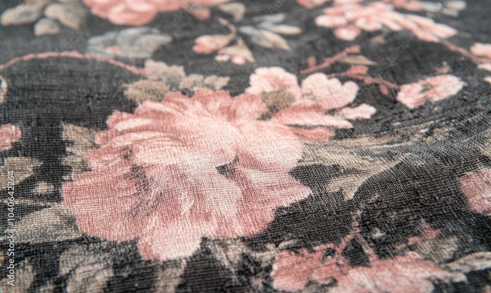 Poster vintage floral pattern in muted pinks and greys creates a nostalgic backdrop, reflecting an elegant 