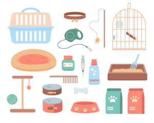 Set of accessories and food for pet. Dogs and cats supplies, pet shop and care equipment, bird cage and toys. Pet shop goods icons. Vector icons illustration isolated on white background.