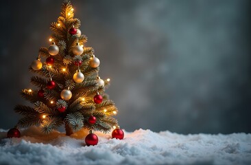 The Christmas tree stands adorned with shiny ornaments and warm lights, surrounded by soft white snow, creating a festive atmosphere in a warm indoor space
