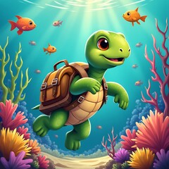 Cartoon Turtle with Backpack Exploring Underwater World