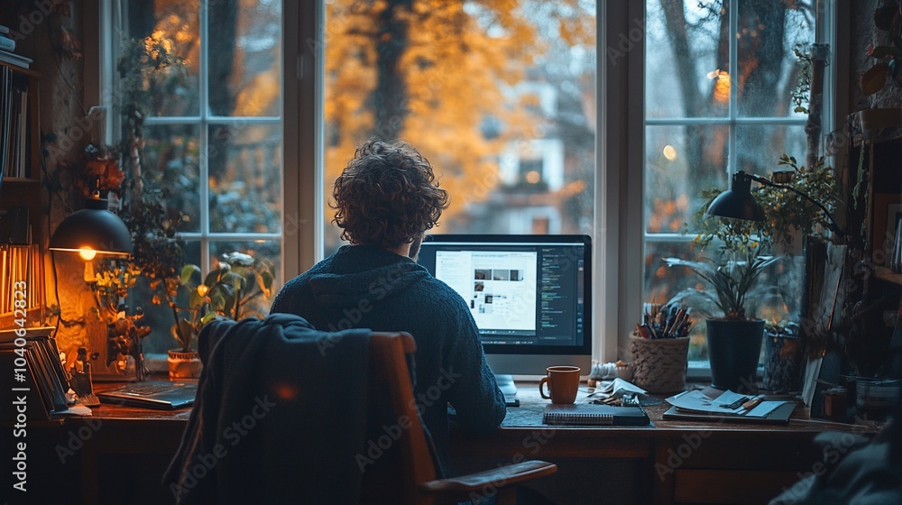 Poster a man works on his computer in a home office with a large window overlooking a fall scene.