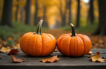 The warm glow of two bright pumpkins rests on a rustic table, surrounded by fallen leaves, creating a cozy autumn atmosphere in a forest setting