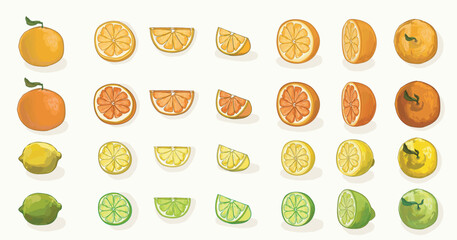 Set of citrus fruit in different cuts 3d lemon slice moon shape and different shapes of fruit  lemons lime orange grapefruit illustration isolated on white background