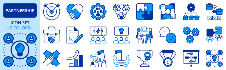 Icons in two colors about partnership. Business concept.