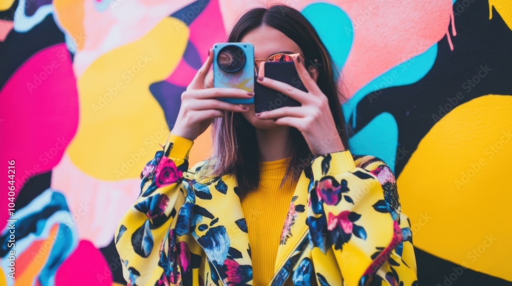 Poster a social media influencer creating engaging content with vibrant visuals and interactive elements, i