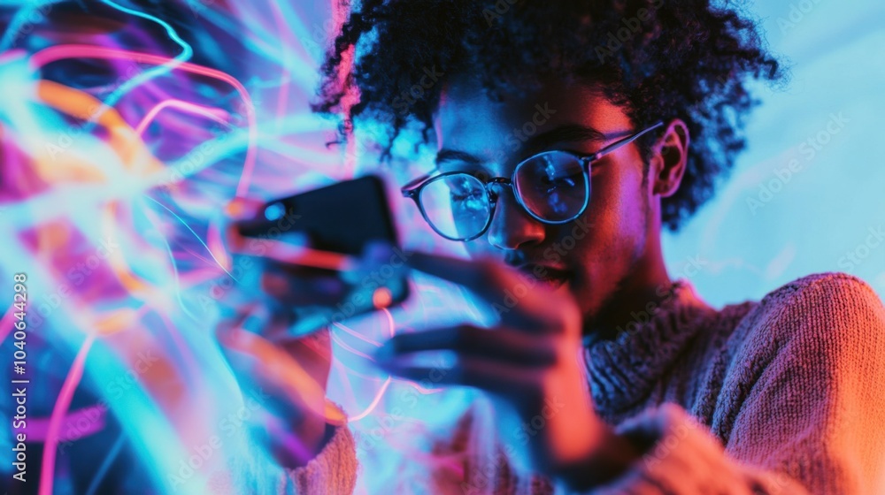 Poster a social media influencer creating engaging content with vibrant visuals and interactive elements, i