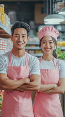 Fototapeta premium An Asian male waiter and an Asian female waiter, smiling at the camera, both wearing pink aprons and pink hats, with fresh supermarket shelves in the background and fresh products in the foreground