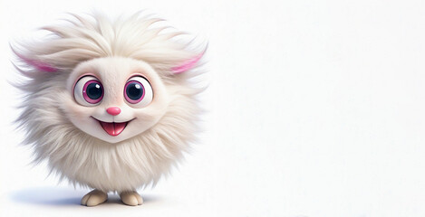 Fototapeta premium A fluffy white cartoon character with large eyes and pink-tipped ears, smiling happily with arms open wide, exuding charm.