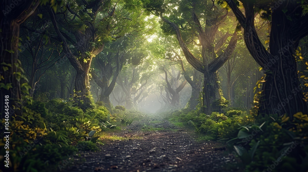 Poster a forest with trees that glow with an internal light, illuminating the path ahead