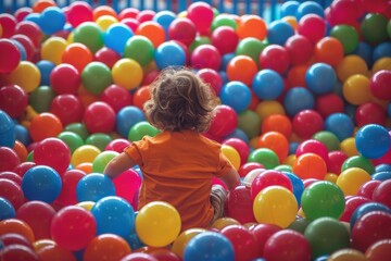 Balls pool, child playing in ball pit, colorful toys for kids in kindergarten or preschool play room