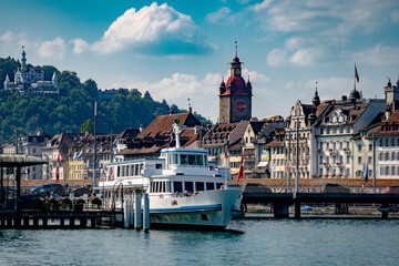 Lucerne, Switzerland. Panoramic view of the Chapel Bridge, the Jesuit Church St Francis Cavier, and...