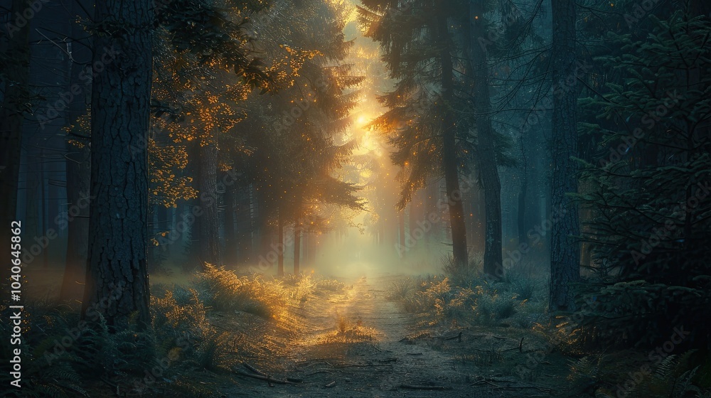 Aufkleber a forest with trees that glow with an internal light, illuminating the path ahead