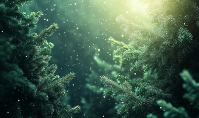 Obraz premium christmas decorated green spruce trees in winter forest, Abstract fantasy festive christmas tree background header wallpaper, winter abstract landscape. Sunlight in the winter forest