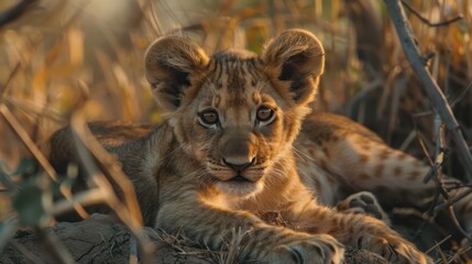 Fototapeta premium Nature's Little Lion: A sweet illustration capturing a tiny lion cub in the grass, with a gentle natural scene in the background.