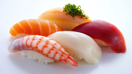 Delicious sushi featuring variety of fresh fish, including salmon, tuna, and shrimp, beautifully arranged on bed of rice, perfect for culinary delight