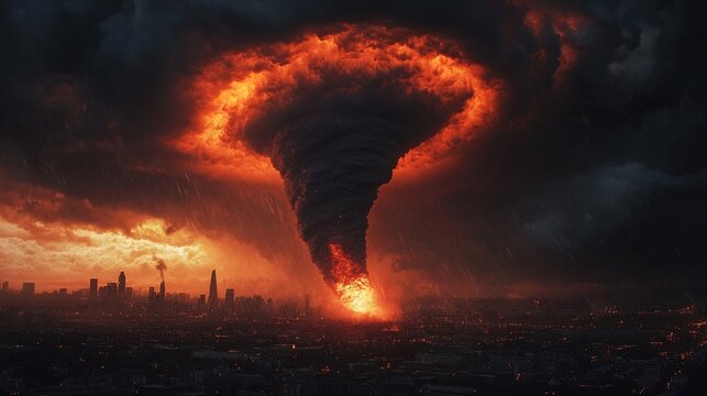 A fiery tornado engulfs a city skyline, with dark storm clouds and an ominous glow illuminating the chaotic scene.