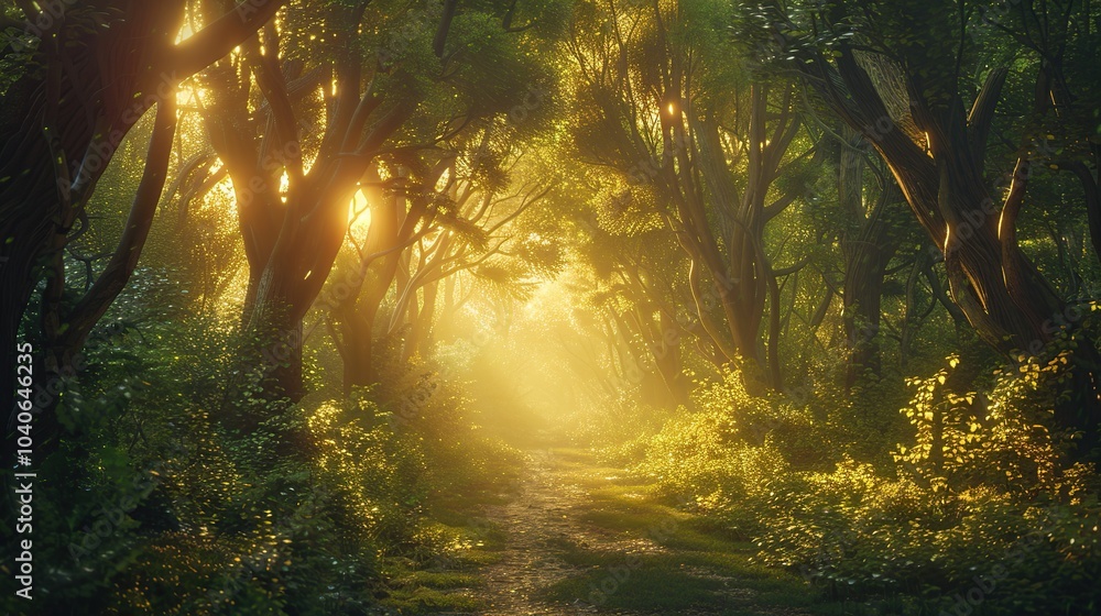 Poster a forest with trees that glow with an internal light, illuminating the path ahead