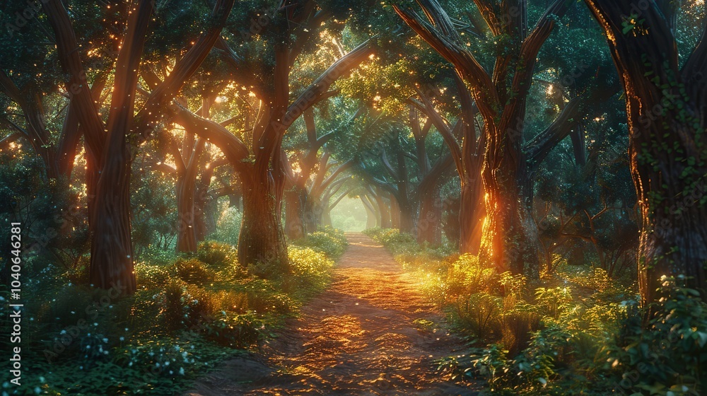 Poster a forest with trees that glow with an internal light, illuminating the path ahead