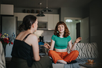 Obraz premium Two young women engage in a relaxed conversation in a cozy apartment setting, creating an atmosphere of friendship and connection.