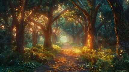 Obraz premium A forest with trees that glow with an internal light, illuminating the path ahead