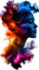 A woman's face is surrounded by colorful smoke, symbolizing creativity, imagination, and freedom.