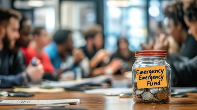 A glass jar labeled "Emergency Fund" filled with coins sits on a wooden table in front of a group of people.