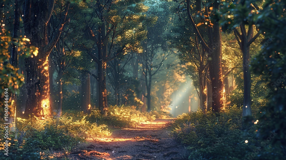 Poster a forest with trees that glow with an internal light, illuminating the path ahead