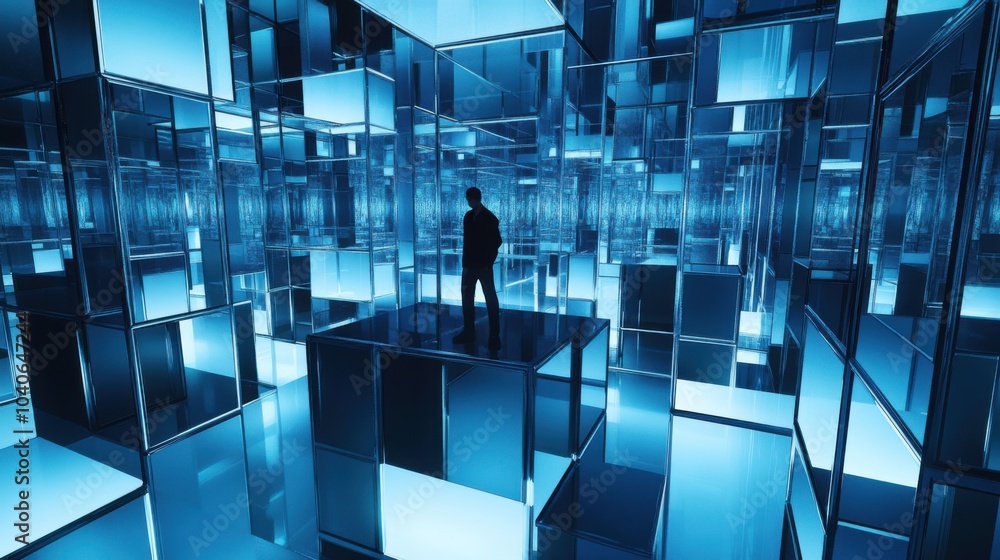 Poster a striking visual of a person navigating a labyrinth of mirrors, each reflecting different facets of