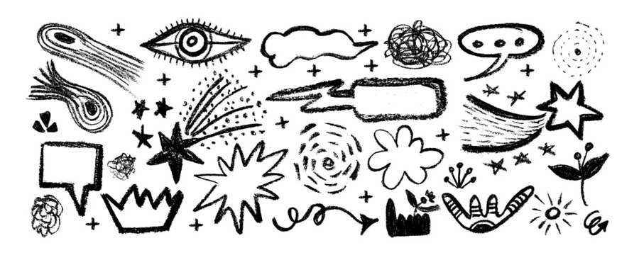 Collection of hand drawn colorful charcoal doodle shapes and squiggles in childish girly style. Pencil drawings, bright color chalk icons. Crown,  meteorite, stars, flower, eye and rainbow 