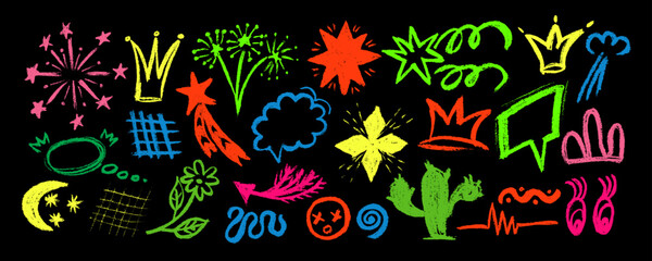 Collection of hand drawn colorful charcoal doodle shapes and squiggles in childish girly style. Pencil drawings isolated on black. Cactus, flower, crown, cloud, stars, 