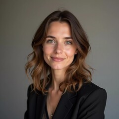 Fototapeta premium A French Caucasian beautiful young resident woman with wavy hair shares a genuine smile while standing indoors, illuminated by natural light, creating an inviting atmosphere. Generative AI
