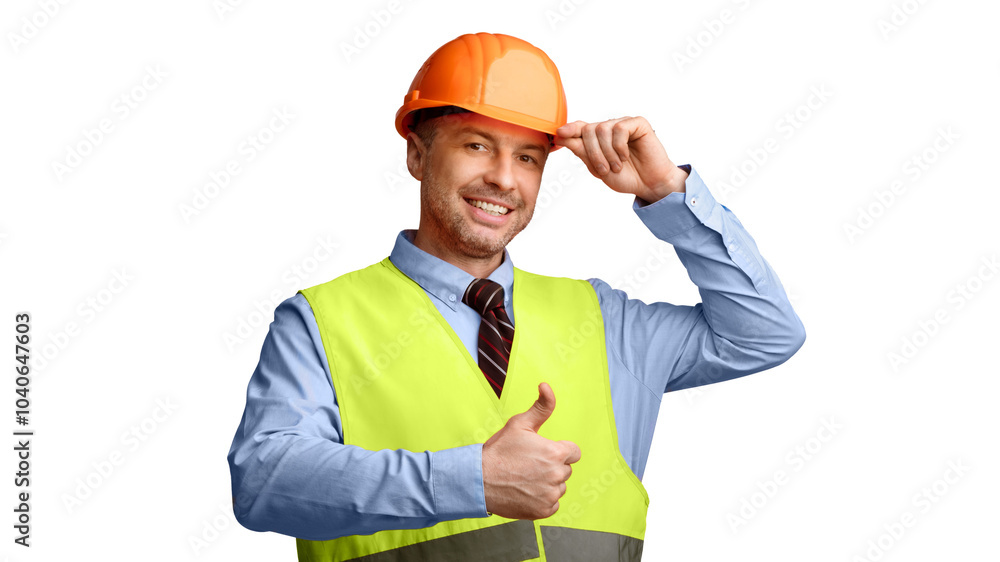 Poster happy builder man in uniform gesturing thumbs up approving building posing standing on white backgro