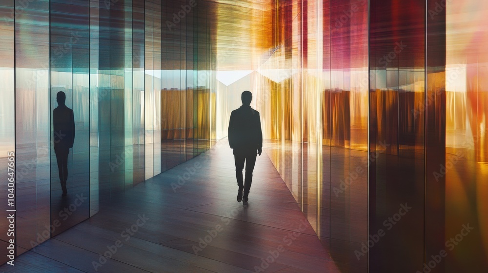 Poster a striking visual of a person walking through a corridor lined with mirrors, each mirror reflecting 