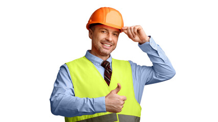 Happy Builder Man In Uniform Gesturing Thumbs Up Approving Building Posing Standing On White Background. Studio Shot, Panorama. I Like Building Industry Concept