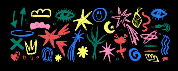 Set stars, meteorite, crown, moon and figure doodle style drawn by hand. Grunge scrawls, charcoal scribbles, rough brush strokes. Bold charcoal freehand stars. 