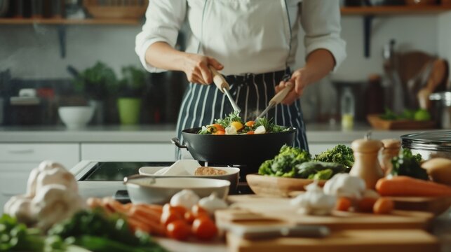 A detailed view of a nutritionist leading a cooking demonstration in a culinary school kitchen, with fresh ingredients and cooking utensils, Culinary style