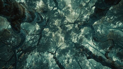 A forest with trees that seem to stretch infinitely into the sky, their branches weaving together