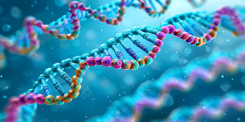 Colorful 3D DNA helix in genetic research visualization, Molecular biology of DNA strand with vibrant colors
