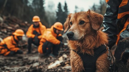Obraz premium Rescue dog working alongside handlers in a disaster recovery operation