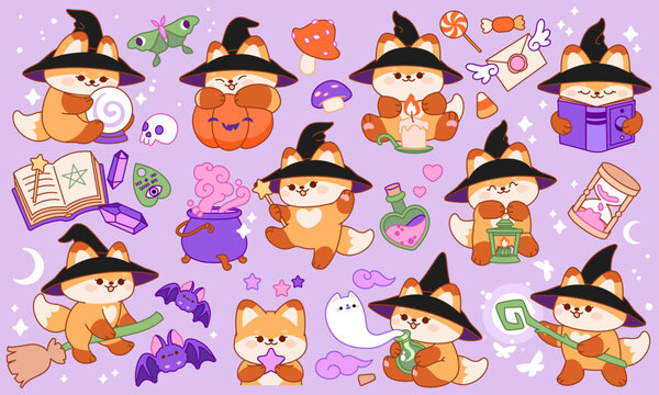 Cute little fox magician. Magic items, Fantasy elements, Halloween cliparts, Witch aesthetic. Cartoon stickers, Animal character design tidy vector isolated set. Kawaii style collection.