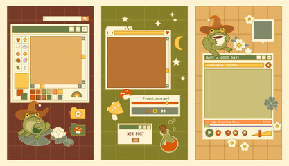 Social media set design, stories template with cute frog magician. Fairy, witchy, goblincore aesthetics backgrounds pack. Old computer elements, windows, icons.
