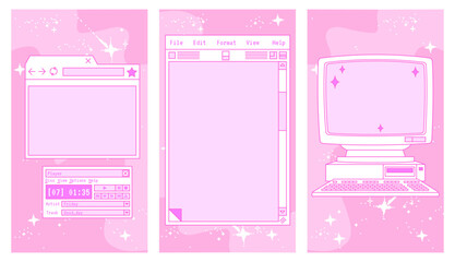 Pink linear vaporwave stories template. Social media, post frame set design. Abstract retro aesthetic cute kawaii backgrounds pack. Trendy, nostalgic style 90s. Girly y2k style.