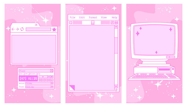 Pink linear vaporwave stories template. Social media, post frame set design. Abstract retro aesthetic cute kawaii backgrounds pack. Trendy, nostalgic style 90s. Girly y2k style.
