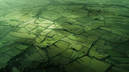 Fototapeta premium A fragmented grassland habitat surrounded by agricultural fields, highlighting the threats of habitat loss and fragmentation to biodiversity