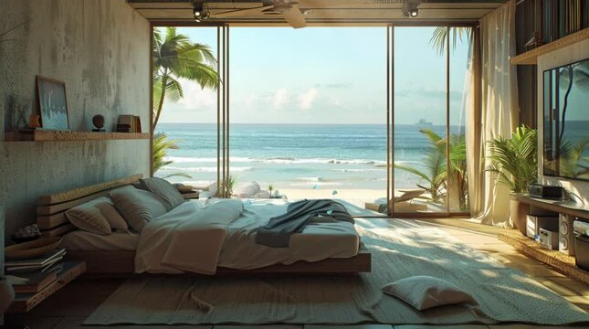 Cozy bedroom with a window view of a tropical beach under a bright sunny sky, peaceful and relaxing ambiance  
Seamless looping 4k time-lapse virtual video animation Generated AI